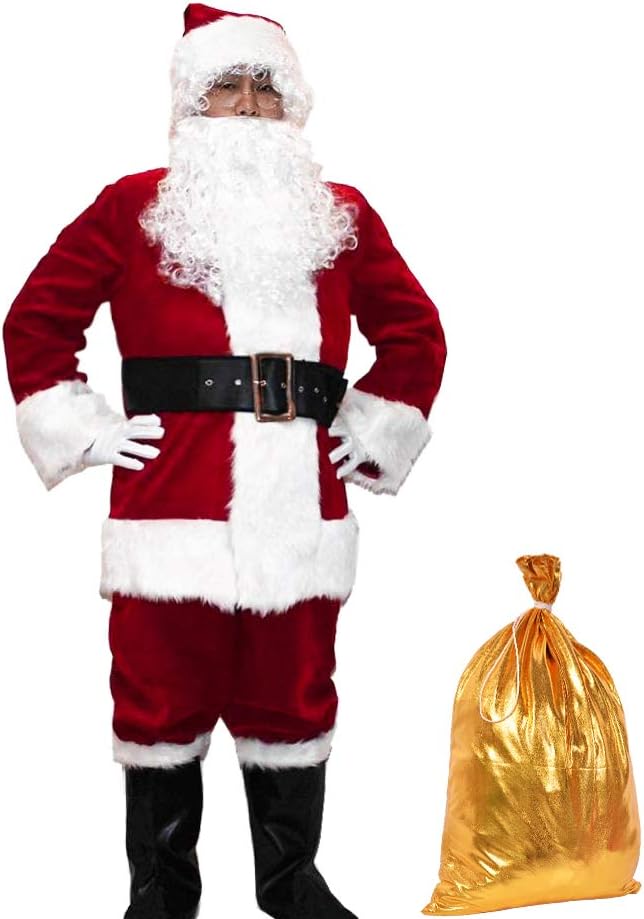 Deluxe Santa Costume Adult Men Santa Claus Suit Set Christmas Party Cosplay Outfits 10 pcs