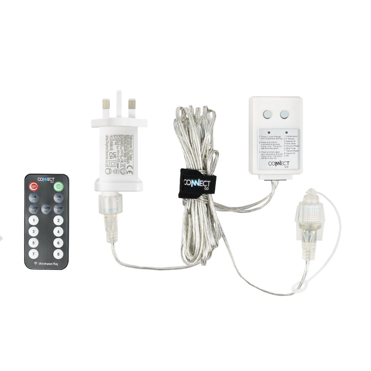 Festive Lights - ConnectGo 31V Small Transformer with 8 Functions, UK Plug - Clear Cable