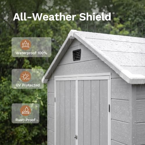 Image of Devoko 6x10 FT Plastic Storage Shed with Floor, Large Resin Outdoor Sheds with Lockable Door and Windows, Waterproof Outside Tool Garden Shed for Patio, Lawn, Backyard, Light Gray