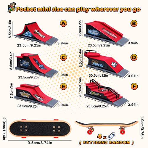 KETIEE Finger Skateboard Ramps Set, 6-in-1 Fingerboard Skatepark Deck for Training Skate Park Kit with 6 Skateboards 6 Fingerboard Ramps & Display Holder Mini Finger Toy for Kids Adults