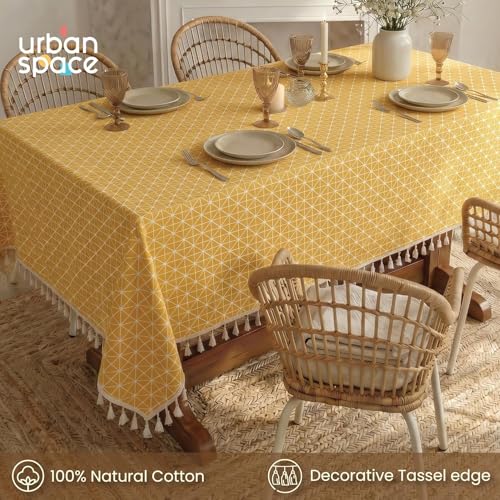 Image of Urban Space 100% Cotton Square Dining Table Cover, Printed Anti Skid Table Cloth for Dining /Center Table, for Upto 4 ft x 4 ft Table (Size - 48 inch x 48 inch - Square, Yellow Star)