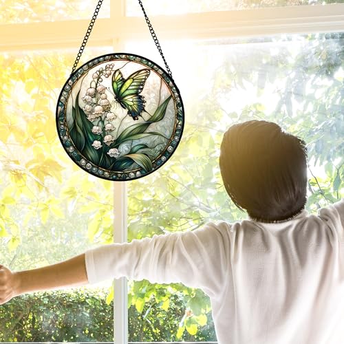 Image of DASTOLL Stained Glass Window Hanging, Lily of the Valley Flower Butterfly Suncatcher for Doors Home Sun Catchers Decoration and Christmas, Mother's Day Birthday Gifts for Women, Men, Mom 7.8 in