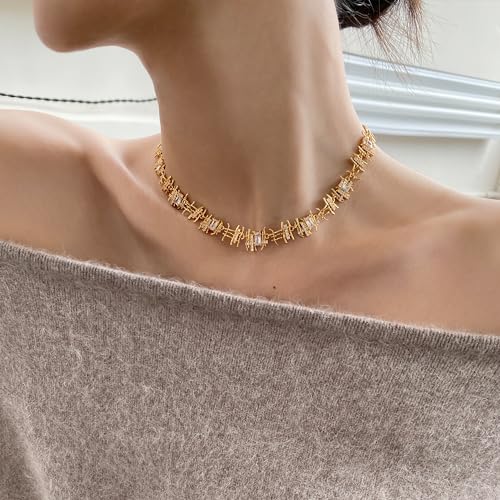 Gold Chunky Chain Necklace for Women, 18K Gold Plated Handmade Braided Cubic Zirconia Chain Choker Necklace Dainty Gold Choker Necklaces for Women Gifts Jewelry 16.9"3