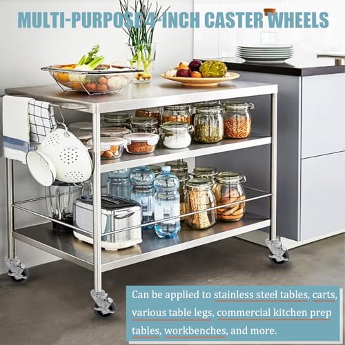 4 inch Prep Table Casters Set of 4 Heavy Duty for Commercial Kitchen Prep Tables, Expanding Stem Table Wheels with Brake 1200 LBS, Prep Table Casters Fit Both 1-1/2\" and 1-5/8\" Leg Tube Adapters - Thumbnail 2