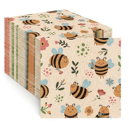 100 Servietten aus Recycling-Papier fröhlichen Bienen auf Blumen Partyservietten umweltfreundlich Süße Bienen Gartenparty Catering und Alltag hergestellt in der EU 2-lagig 33x33 cm