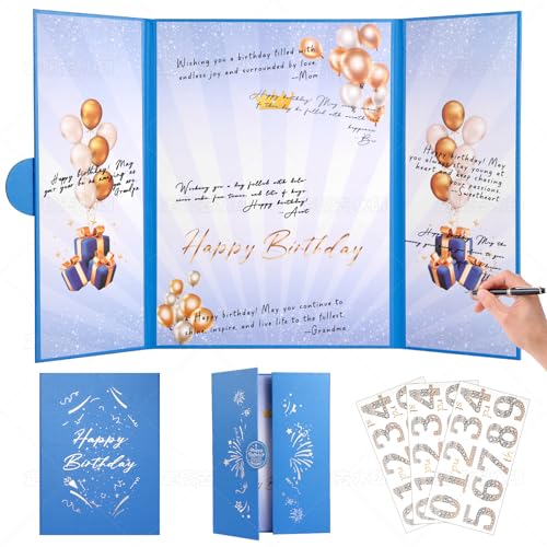 TIACABO Blue Gold Birthday Party Decorations,18" x 12" Creative Birthday Decorations Guest Sign in Book Alternative,Birthday Gift for Men and Women of All Ages, Happy Birthday Party Supplies