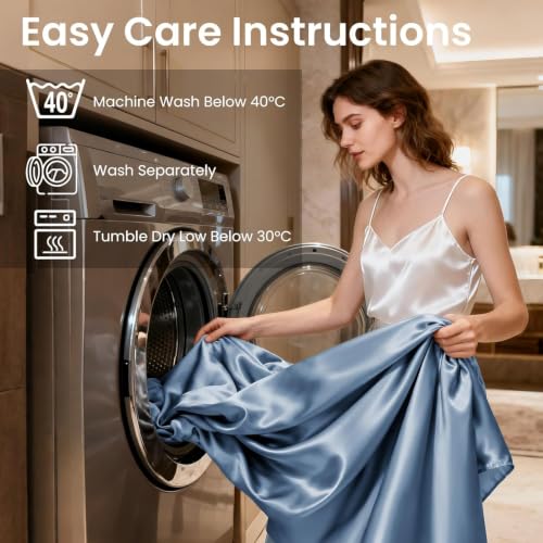 Image of Love's cabin Full Size Satin Sheet Sets - 4 Piece Ash Blue Silky Sheet Set Full with Deep Pocket, Luxury Silk Feel Bed Sheets Full Bedding Set (1 Flat Sheet,1 Fitted Sheet,2 Pillow Cases)