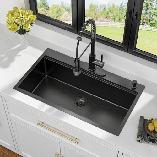 Image of 33 Black Drop In Kitchen Sink Workstation - Kichae 33x19 Drop In Kitchen Sink Black Stainless Steel Topmount 16 Gauge Deep Single Bowl Basin Round Corner