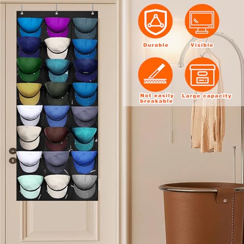 qimeyu Baseball Kappen Halterung,Kappenhalter Tür,Cap Organizer Tür,Cap Aufbewahrung,Doppelte Faltbar Kappenhalter Organizer mit 24 Taschen-Schwarz