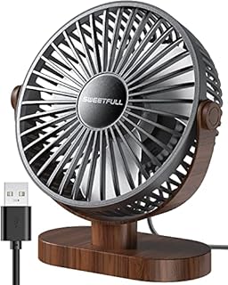 SWEETFULL 6.5 Inch USB Small Desk Fan, 3 Speeds Quiet Portable Desktop Table Fan, 360° Adjustment Personal Mini Fan for Home Office Car Outdoor Travel (Black wood grain)