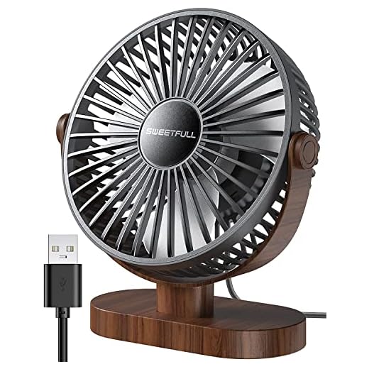 SWEETFULL 6.5 Inch USB Small Desk Fan, 3 Speeds Quiet Portable Desktop Table Fan, 360° Adjustment Personal Mini Fan for Home Office Car Outdoor Travel (Black wood grain)