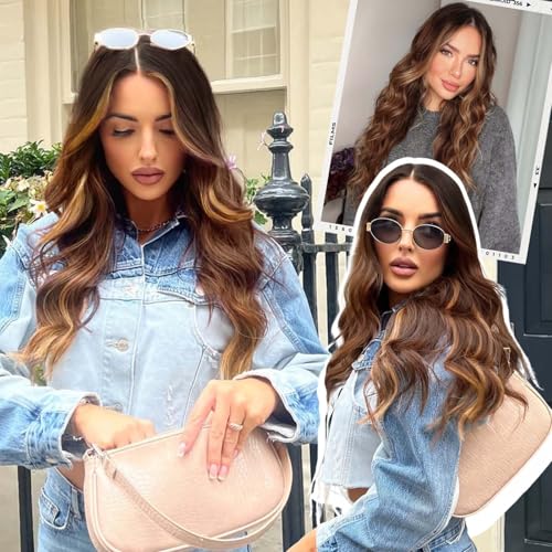 Image of AISI HAIR 【Beginner Friendly Wigs Brown Highlight Wig for Women, Long Wavy Lace Hairline Middle Part Synthetic Heat Resistant Wig for Daily Party-26 Inch