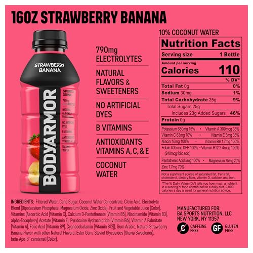 BODYARMOR Strawberry Banana Sports Drink, 16 Fl Oz (Pack of 12)