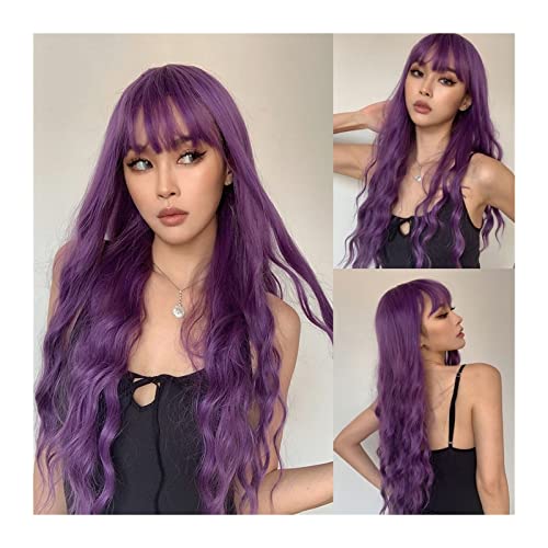 Perruque synthétique violet foncé longue ondulée avec frange pour femme