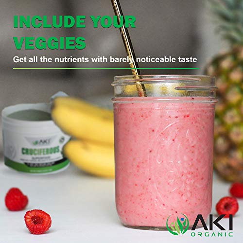 Aki Organic Cruciferous Superfood Blend Powder Made of Kale - Broccoli - Cabbage - Brussels - Sprout - Bok Choy - Arugula Ideal to Boost Greens Veggie Smoothie Supplements Vitamins Phytonutrient