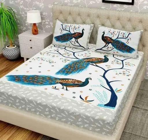 100% Pure Cotton Double Bed Sheet with 2 Pillow Covers - Premium Craftsmanship & Comfortable & Durable - Gorgeous Peacock Print for Elegant Bedroom Décor (Double Size)-picture-27
