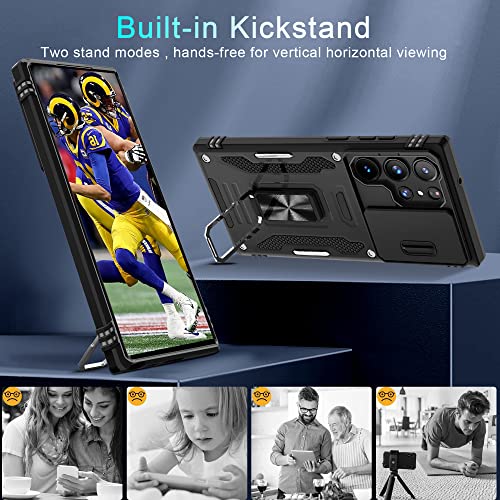 Deerlamn For Samsung Galaxy S23 Ultra Case With Slide Camera Cover,Built-In Rotated Ring Kickstand [Full Camera Protection] [Military Grade] Heavy Duty Shockproof Protective Case Cover-Black #TOP3