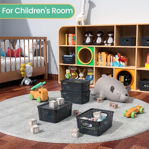 Image of Plastic Storage Baskets with Lid-Plastic Storage Containers Stackable Storage bins: Storage Baskets for Organizing Shelves Drawers Desktop Closet Playroom Classroom Office, 8Pack-Black10.2x7.2x4.1Inch