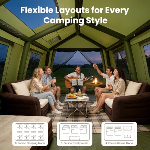 Image of Inflatable Tent, Easy Setup 4 /6 /8 /10 /12 Person Blow Up Tent with Hand Pump | Spacious 2-room glamping tent with quick inflatable setup and waterproof fabric for 4-season family camping adventures
