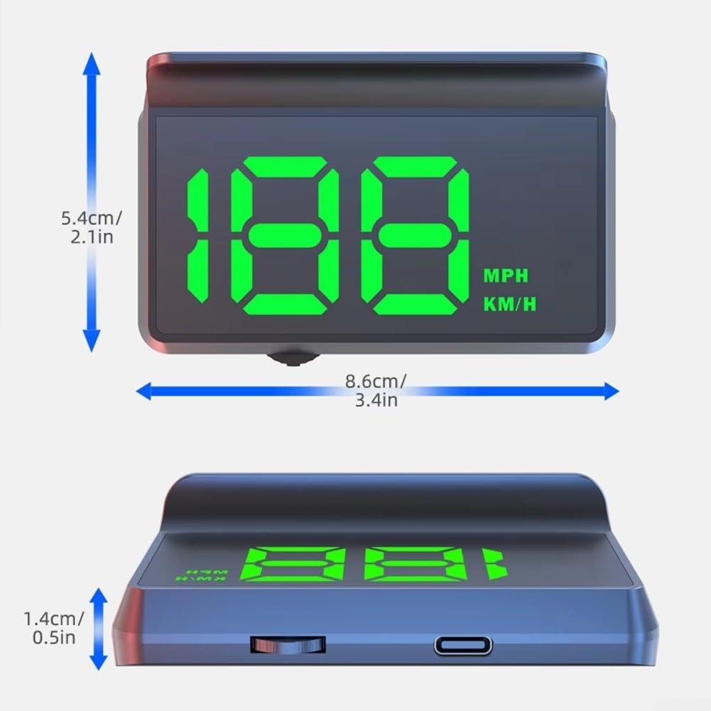 Image showing the dimensions of the GPS Digital Speedometer: 8.6cm (3.4in) width, 5.4cm (2.1in) height, and 1.4cm (0.5in) thickness.