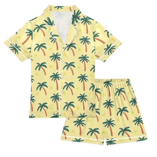 Cute Palm Tree Pattern Summer Satin Pajama Set, Cute Button-Down Sleepwear Pj Set for Sleep Wears