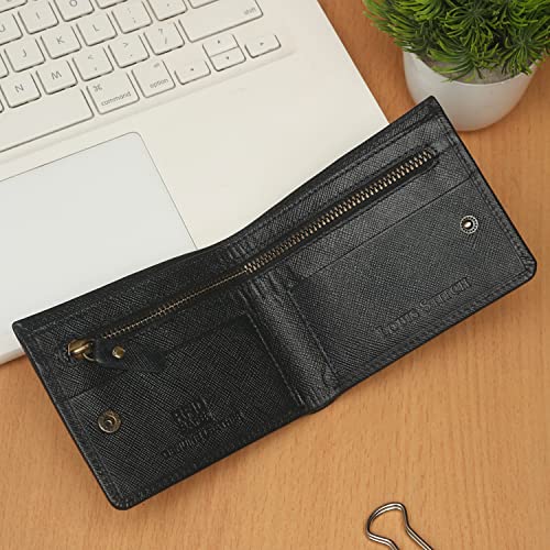 Image of LOUIS STITCH Blue Saffiano Leather Bifold Mens Wallet with 1 Zip Pocket for Cash and Coins, 2 Card Slots and 1 Additional Cash Compartment | RFID Protected Pocket Wallet for Men (WL-SF BU)