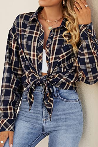 Image of CHYRII Womens Button Down Flannel Shirts Long Sleeve Plaid Shackets Business Casual Blouse Top