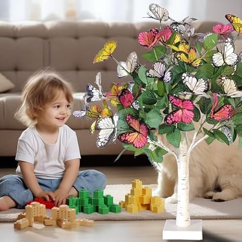 Butterfly Lights for Bedroom,2ft/24LED Indoor Decoration Tree Lights with Timer,48 Lifelike Artificial Butterfly Christmas Tree for Home Decoration,Gift for Mom,Girlfriends,Butterflies Decorations Cover