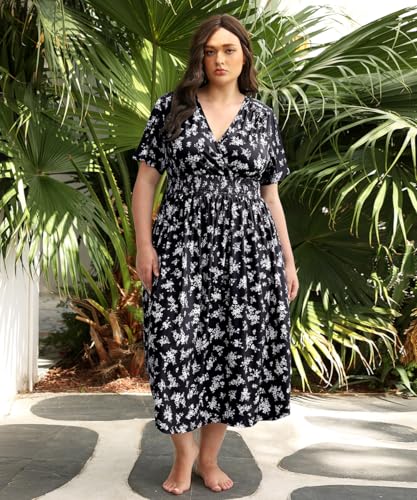 Image of CARCOS Plus Size Dresses for Curvy Women V Neck Summer Maxi Dress Short Sleeve Floral Boho Dress Smocked Waist Beach Dress