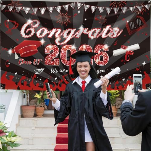Image of Graduation Decorations, Large Graduation Banner, Red and Black Banner 2026, Congrats Grad Backdrop Sign, Class of 2026 Grad Party Decor for Commencement Indoor Outdoor Yard Wall Door Decor 180*110cm
