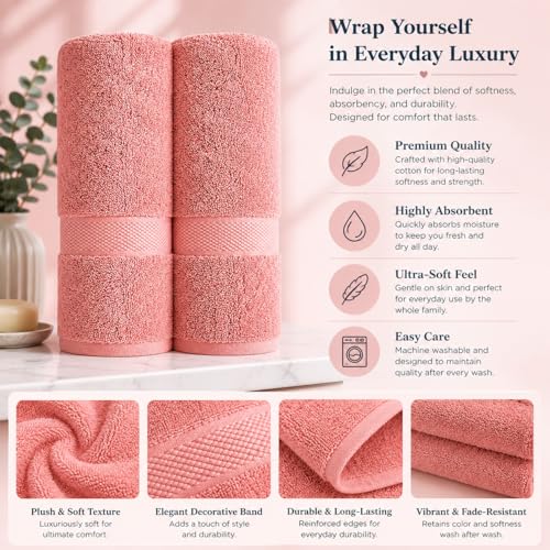 Image of Sulfar 100% Combed Cotton, Quick Drying Highly Absorbent Thick Bathroom Towels, Luxury Bath Towel Set (Pack of 2, 70 X 140 cm) - 600 GSM (Basic Pink)
