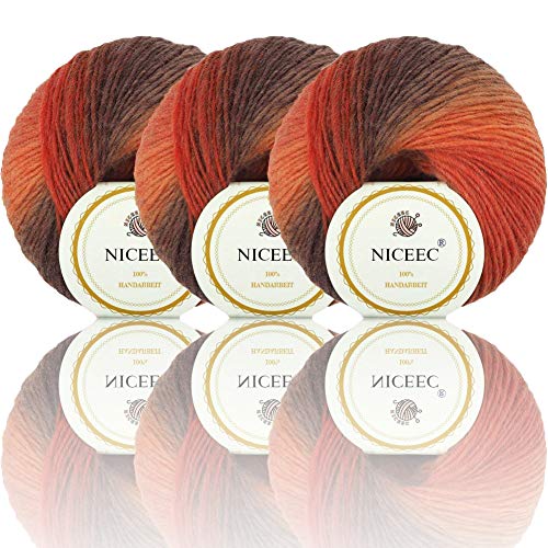 Image of NICEEC 3 Skeins 100% Wool Rainbow Yarn Soft Gradient, Self-Striping, Colorful Single Ply Yarn for Crochet & Knitting - 3#