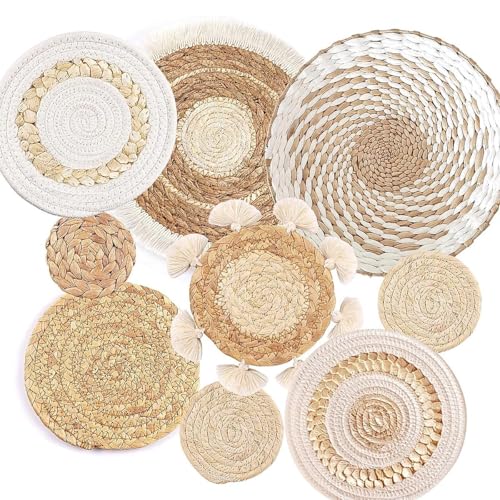 Hoite 9 Pcs Boho Wall Basket Set, Seagrass Rattan Boho Decor, Round Wall Art for Living Room Bedroom Dining Room