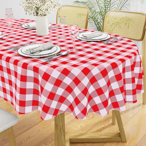 Image of misaya Oval Waterproof Vinyl Table Cloth, Buffalo Flannel Backed Tablecloth, Wipeable Plastic Table Cover for Dinner, Kitchen, Outdoor (60 inch x 102 inch, Red and White)