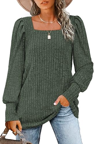 Image of WIHOLL Long Sleeve Shirts for Women Trendy Casual Square Neck Tops Lightweight Sweaters