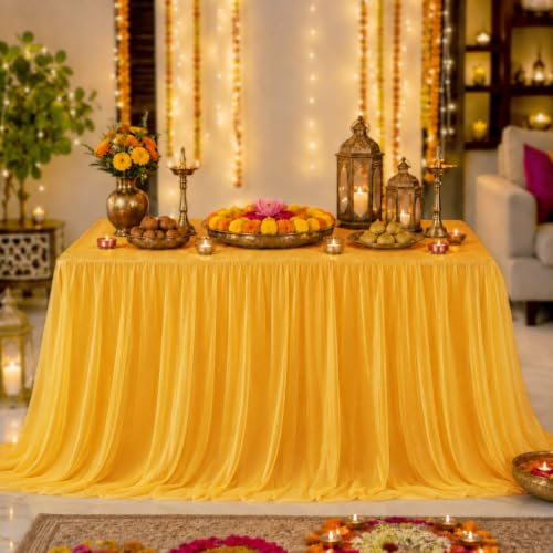 Image of SpecialYou Ganpati Decoration Setup for Home with 5 Meter Yellow Table Cover Cloth Drape Ribbon for Decorations Pooja, Varalakshmi Pooja Decoration Items, Mandir Decorations Items for Home