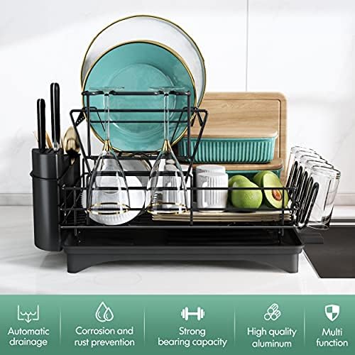 Dish Drainer, Majalis Large 2 Tier Stainless Steel Dish Drying Rack and Drainboard Set for Kitchen Counter with Cutting-Board & Utensil & Wine Glass Holder, Swivel Spout Tray and Dry Mat (Black)