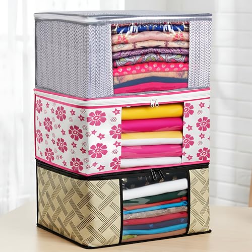 Image of Non-Woven Saree Organizer Bags | Foldable Wardrobe Storage Covers with Zipper | Set of 3 (Black & Yellow Dotted Design) | Dust-Proof Organizer for Sarees, Clothes & Seasonal Garments