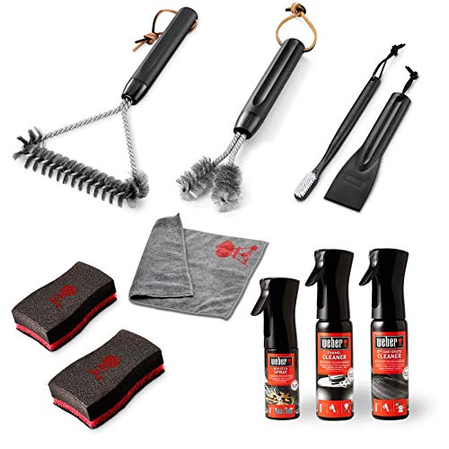 Weber 17893 Reinigungsset für emaillierte Gasgrills, 8-TLG., bestehend aus Grillbürste, Schwamm, 2xReiniger, Insektengitterbürste, Mikrofasertuch und Anti-Haft Spray