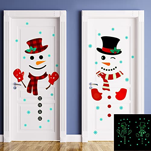 Spakon 4 Sheets Christmas Door Stickers Decor Large Snowman Stickers Luminous Snowman Door Snowflake Decals for Refrigerator Wall Window Christmas Decorations(Lovely Style)