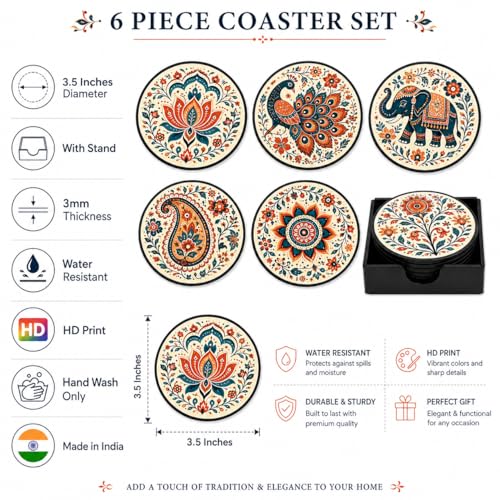 Image of Zesta Coasters for Cups Set of 6 / Wooden Coasters for Bar Accessories for Home /Tea Coaster Set of 6 / Waterproof Dining Table Decor Glass Cover (Abstract 2, Circle)