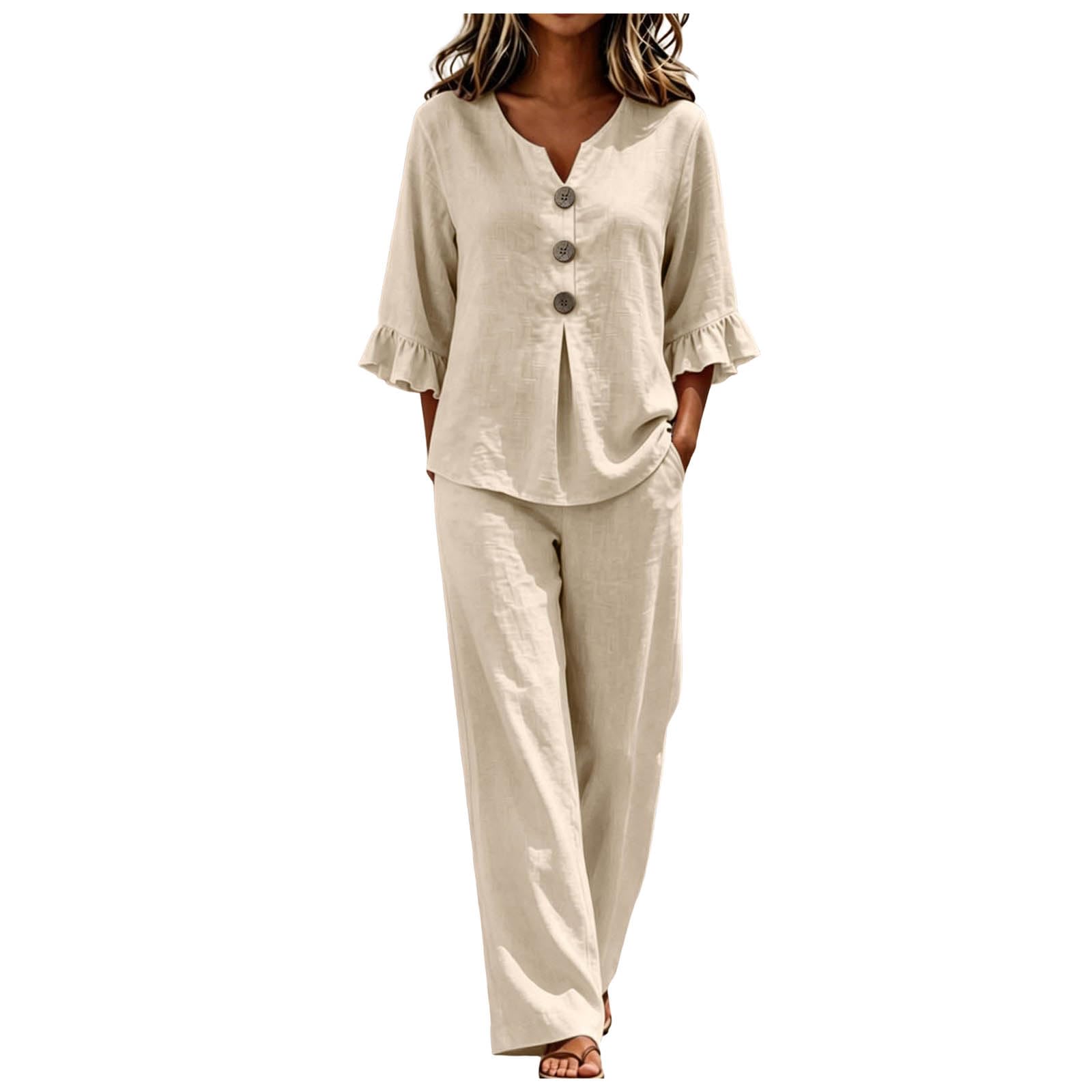 Ensemble Femme Chic et Elegant Deux Pièces Grande Taille Chemise Manches Longues Col V avec Bouton Et Pantalon Ample Taille Elastique Streetwear Outfit Set Léger Décontracté Couleur Unie Loungewear