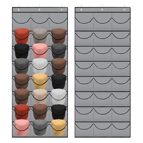 BiCINE Hat Rack for Baseball Caps, 24 Pocket Over The Door Hat Organizer Storage, Hat Holder for Door with 3 Hooks, Grey - 1 Pack by BiCINE - Used condition - US$15.64