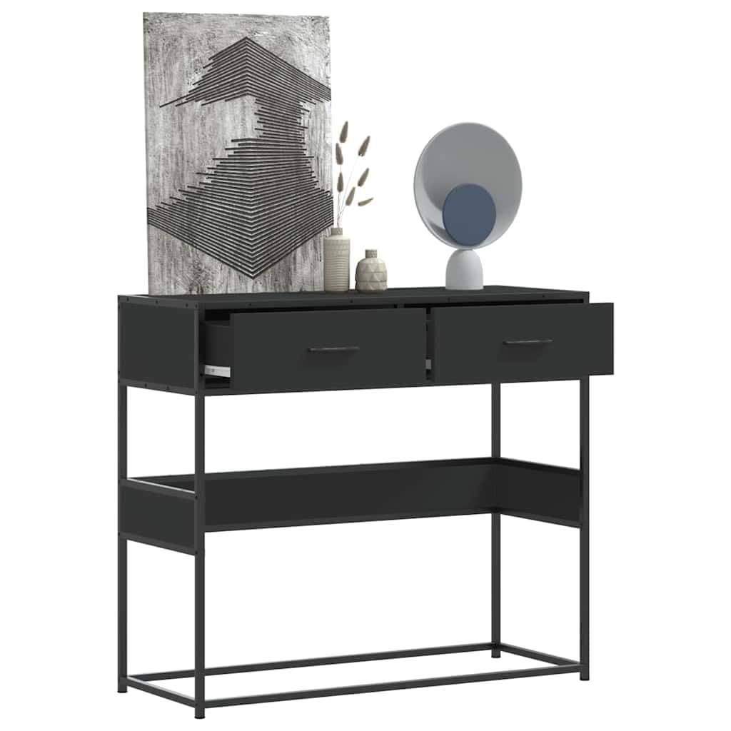 Stolik konsolowy, czarny, materiał drewnopochodny, 90 x 35 x 80 cm, z metalowym stelażem, schowkiem, szufladą i półką, stolik pomocniczy do salonu, sypialni, korytarza, stabilny i łatwy w