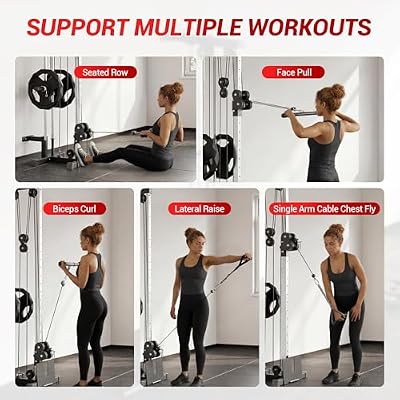 Wall Mount Cable Machine Dual Pulley Cable Crossover Machine with 19 Adjustable Positions, Tricep Rope, T-Bar, LAT Pulldown Bar & Foot Board for Home Gym Strength Training