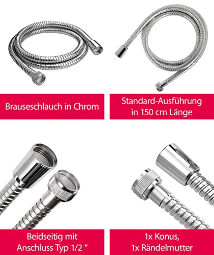 aquaSu® Basic Metall-Brauseschlauch 754 | 1,5 m Duschschlauch | Zugfest und knickfest | Mit Konus und Überwurf | Typ 1/2 ’ Standard-Anschluss | 150 cm Schlauch für Dusche | Chrom | 72775 4