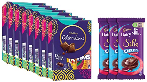 Image of Cadbury Celebrations Assorted Chocolate Gift Pack, 62.2 g- Pack of 8 & Dairy Milk Silk Oreo Red Velvet, 130g - Pack of 3