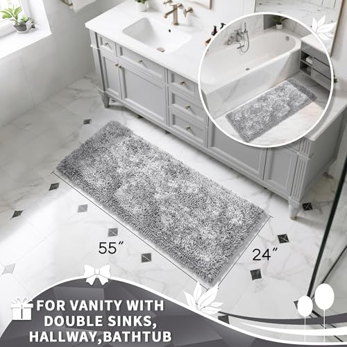 Image of Yimobra Long Bathroom Rugs Runner 55x24 Inch, Extra Thick Soft Absorbent Chenille Bath Mat, Non Slip Machine Washable, Quick Dry Bath Rugs for Bathroom Floor, Tub and Shower, Light Grey