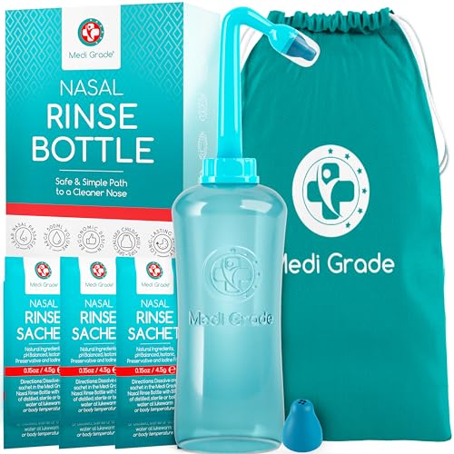 Medi Grade Sinus Rinse Bottle, 500ml with 30 Sinus Rinse Packets - Complete Nasal Irrigation System - Gentle Nose Cleaner - Nasal Wash Kit for Home or Travel - 2 Nasal Rinse Tips and Storage Bag