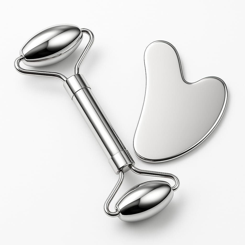 Stainless Steel Gua Sha and Face Roller Set Facial Massager Tools, Lymphatic Drainage Massager Metal Gua Sha Skin Self Care Gifts for Women - Image 10